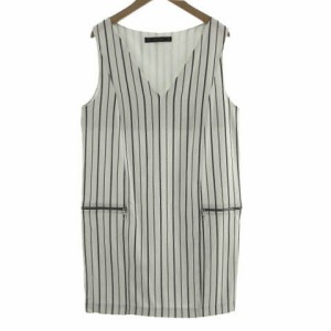 【中古】ザラ ベーシック ZARA BASIC ワンピース ノースリーブ Vネック ひざ丈 ストライプ ホワイト 白 ネイビー 紺 M