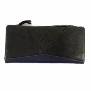 【中古】ポールスミス PAUL SMITH 長財布 二つ折り 切替え レザー 配色 ブラック系 黒系 ネイビー 紺 メンズ