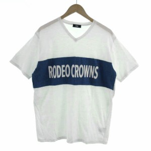 【中古】RODEO CROWNS WIDE BOWL RCWB Ｔシャツ Vネック 半袖 ロゴプリント 配色 バイカラー コットン混 白 青 XL