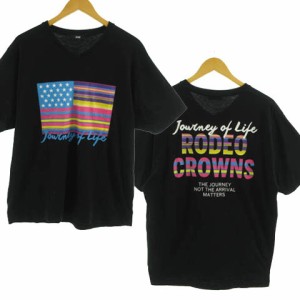 【中古】RODEO CROWNS WIDE BOWL RCWB Ｔシャツ Vネック 半袖 星条旗 バックロゴプリント コットン ブラック 黒 XL