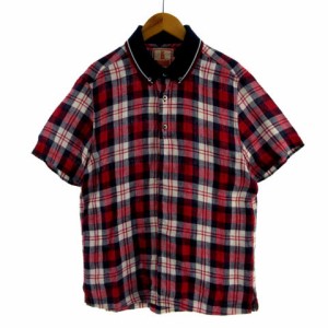 【中古】バラクータ BARACUTA シャツ ボタンダウン 襟切替え 半袖 日本製 リネン100％ チェック レッド 赤 紺 白