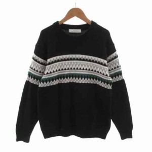 【中古】green label relaxing ニット セーター 丸首 長袖 ノルディック柄 ウール混 ブラック 黒 白 グレー 緑 M