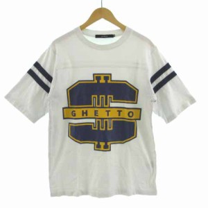 【中古】ジョイリッチ JOYRICH Tシャツ 丸首 半袖 プリント コットン 厚手 ホワイト 白 ネイビー 紺 イエロー 黄色 M