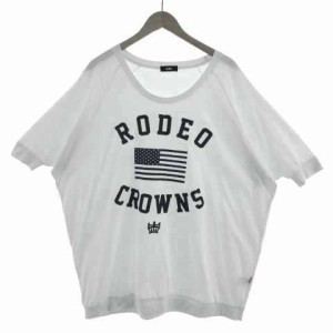 【中古】ロデオクラウンズワイドボウル RCWB Tシャツ カットソー 五分袖 チュニック丈 ロゴ 星条旗 デニム  白 青 F