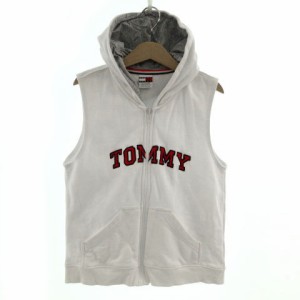 【中古】トミージーンズ TOMMY JEANS パーカー スウェット ノースリーブ ロゴ ジップアップ ホワイト 白 S/P キッズ