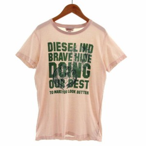 【中古】ディーゼル DIESEL Tシャツ ロゴ ブレイブマン プリント 半袖 コットン ピンク グリーン 緑 グレー S メンズ