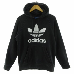 【中古】adidas トレフォイル プルオーバー フード オリジナルス S23124 スウェット ロゴプリント コットン混 黒 白 L