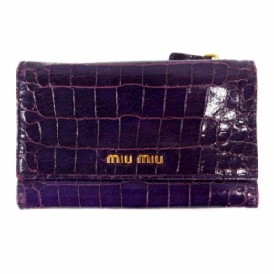 【中古】ミュウミュウ miumiu 三つ折り財布 クロコダイル型押し レザー ロゴプレート パープル 紫 レディース