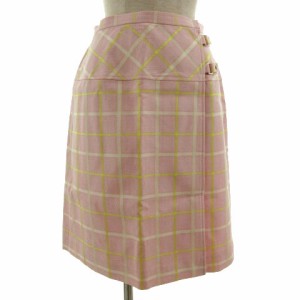 【中古】クレージュ courreges スカート 台形 ラップスカート ミディ丈 日本製 格子柄 ピンク 黄色 白 67-93