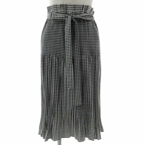 【中古】ZARA BASIC スカート シャーリング プリーツ ミディ丈 リボンベルト コットン混 ギンガムチェック 黒 白 L