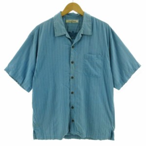 【中古】トミーバハマ Tommy Bahama シャツ アロハシャツ オープンカラー 半袖 シルク100％ ストライプ ブルー 青 L