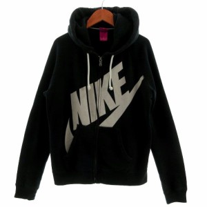 【中古】ナイキ NIKE パーカー スウェット ロゴプリント 長袖 ジップアップ コットン混 ブラック 黒 グレージュ M