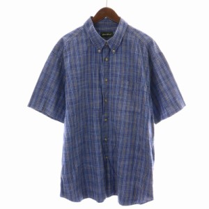 【中古】エディーバウアー ボタンダウンシャツ カジュアルシャツ 半袖 チェック 麻 リネン混 大きいサイズ XL 青