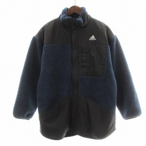 【中古】アディダス adidas フリースジャケット PRSVE ボア スタンドカラー 切替 ロゴ S 黒 ブラック 青 ブルー