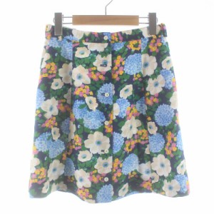 【中古】カルヴェン CARVEN タックフレアスカート ミニ フロントボタン 花柄 総柄 38 M 紺 水色 緑 マルチカラー