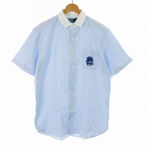 【中古】Polo by Ralph Lauren クレリックシャツ カジュアルシャツ 半袖 ストライプ ロゴ 刺繍 コットン L 水色 白