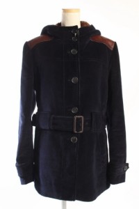 【中古】プラダ PRADA 17AW コート コーデュロイ 内ボア フード 38S コットン 紺 ネイビー 茶 ブラウン ahm0424 レディース