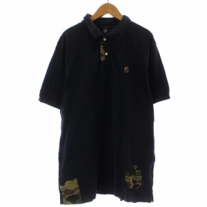 【中古】A BATHING APE ポロシャツ ロンT 半袖 ロゴワッペン 迷彩 カモフラ 切替 パッチワーク ダメージ加工 M 紺