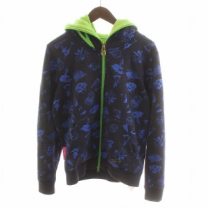 【中古】トミーヒルフィガー TOMMY HILFIGER ジップアップパーカー スウェット 総柄 S 紺 ネイビー 緑 グリーン