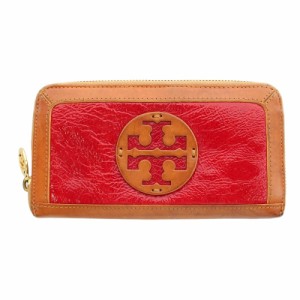 【中古】トリーバーチ TORY BURCH 長財布 ウォレット レザー エナメル ロゴ ラウンドファスナー 茶 赤