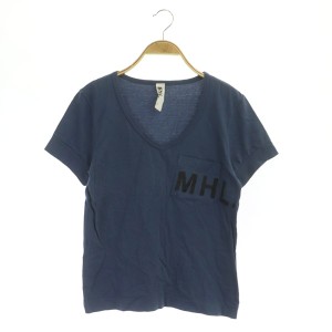 【中古】マーガレットハウエル MHL. カットソー Tシャツ 半袖 胸ポケット Vネック ロゴプリント 2 紺 ネイビー