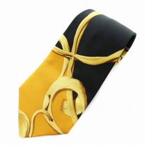 【中古】エルメス HERMES ネクタイ ワイドタイ シルク 100％ スカーフ柄 総柄 黒 ブラック 黄 イエロー