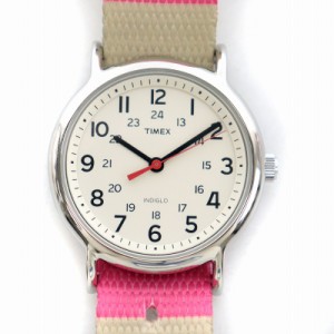 【中古】BEAMS TIMEX ウィークエンダーセントラルパーク 腕時計 クォーツ 白文字盤 ボーダー 替えベルト ピンク 紺