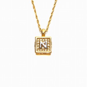 【中古】ニナリッチ NINA RICCI ネックレス ペンダント ロゴ サイコロ キューブ型 ラインストーン ゴールド色