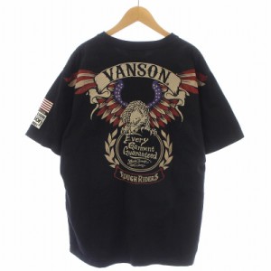 【中古】VANSON COTTON Tシャツ カットソー 半袖 ロゴ 刺繍 フライングイーグル 鷲 アメリカ国旗 天竺 L 黒