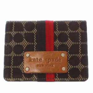 【中古】ケイトスペード クラシックノエル カード パスケース 名刺入れ 二つ折り 総柄 ロゴ パッチ 型押し 茶