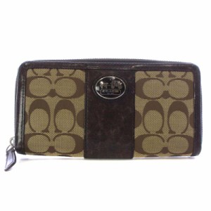 【中古】コーチ COACH 長財布 キャンバス レザー ラウンドファスナー シグネチャー ロゴ 総柄 ベージュ 茶色 ブラウン