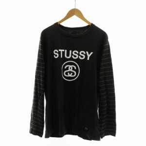 【中古】ステューシー STUSSY Tシャツ カットソー ロゴ プリント 長袖 ボーダー XL 黒 ブラック ■GY01 /MQ メンズ