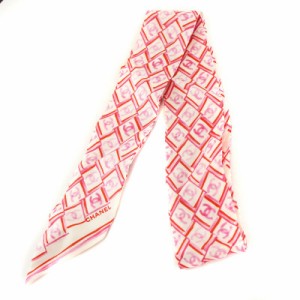 【中古】シャネル CHANEL スカーフ ヘアバンド リボン ココマーク ロゴ 総柄 シルク ピンク 白 ホワイト