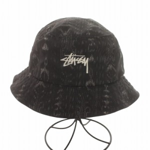 【中古】ステューシー STUSSY バケットハット 帽子 バケハ ロゴ 刺繍 総柄 S 黒 ブラック ■GY18 メンズ レディース