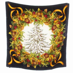 【中古】クリスチャンディオール スカーフ ストール 大判 もみの木 冬 リース クリスマス 絹 シルク ロゴ 黒