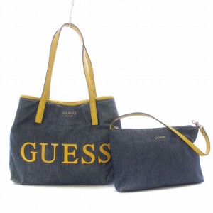 【中古】ゲス GUESS トートバッグ ハンドバッグ 2way ポーチ付き デニム レザー 切替 ラバー ロゴ インディゴ 黄