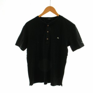 【中古】BURBERRY BLACK LABEL Tシャツ カットソー 半袖 ヘンリーネック ハーフボタンノバチェック ロゴ 刺繍 2 M 黒