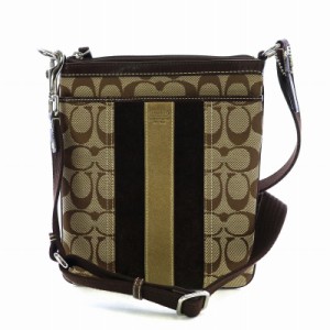 【中古】コーチ COACH ショルダーバッグ ミニバッグ シグネチャー ストライプ ロゴ キャンバス スエード ベージュ 茶