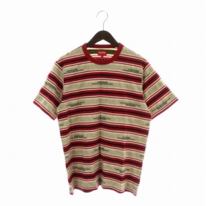 【中古】SUPREME 18AW HQ Stripe S/S Top Tシャツ カットソー 半袖 ジャガード ボーダー ロゴ 総柄 M 赤 ベージュ