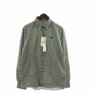 【中古】未使用品 バブアー Barbour TAILORED FIT ボタンダウンシャツ 長袖 チェック柄 総柄 ロゴ 刺繍 M 紺 緑