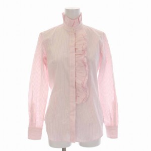 【中古】メーカーズシャツ MAKER'S SHIRT 鎌倉 フリルシャツ ブラウス ストライプ スタンドカラー 長袖 7 S ピンク 白