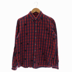 【中古】ソフネット STAR CHECK SHIRT スター コットン チェック シャツ ボタンダウン 長袖 星柄 M 赤 紺 メンズ