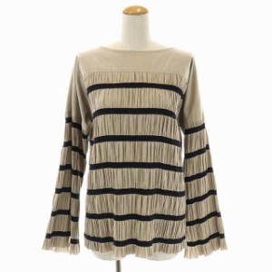 【中古】ペレック pelleq Shirring striped tops トップス カットソー ボーダー 長袖 34 グレージュ 黒 ブラック