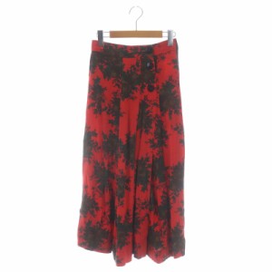 【中古】ガニー Printed Crepe SKIRT ラップスカート フレア フロントボタン 総柄 ロング 34 赤 レッド