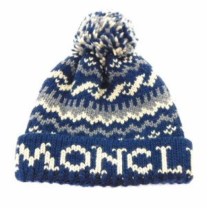 【中古】モンクレール MONCLER 帽子 ニット帽 ニットキャップ ロゴ ポンポン 白タグ 紺 ネイビー