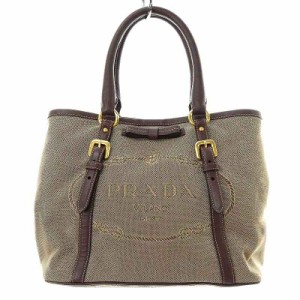 【中古】プラダ PRADA トートバッグ ハンドバッグ ロゴジャガード リボンモチーフ カーキベージュ 茶色 BN1841