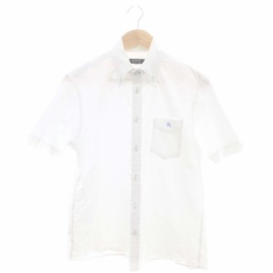 【中古】バーバリーブラックレーベル ボタンダウンシャツ 半袖 シャドーチェック ロゴ刺繍 2 白 /MI ■OS メンズ