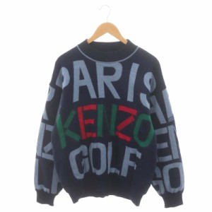 【中古】ケンゾー KENZO GOLF ゴルフ ヴィンテージ 総柄ロゴクルーネックウールニット セーター 長袖 5 紺 水色 赤