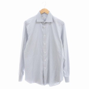 【中古】ブリオーニ BRIONI ホリゾンタルカラー 総柄 × ストライプ カッター コットン16/41 L ブルーグレー 白 