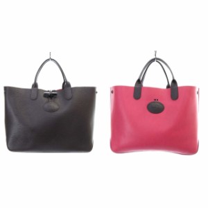 【中古】ロンシャン LONGCHAMP ロゾ リバーシブル トートバッグ ハンドバッグ レザー ダークブラウン ピンク